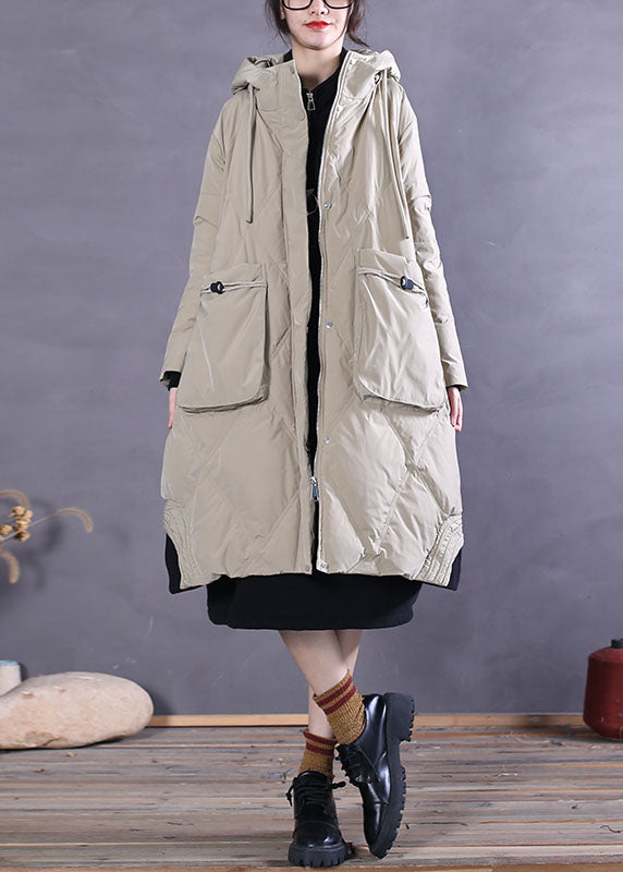 Art Khaki Hooded Pockets Duck Down Winter-Daunenmantel