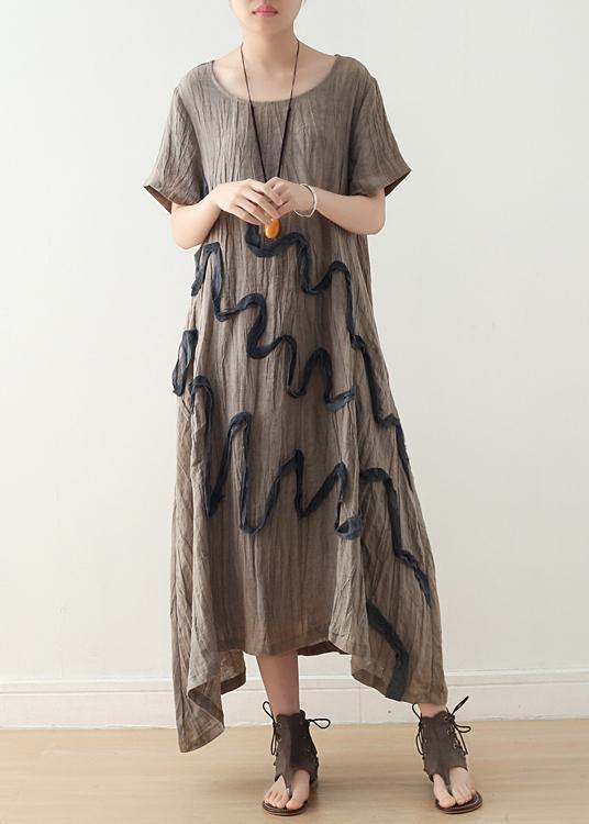 Art Khaki O-Neck Linen Summer Maxi Dresses - bagstylebliss