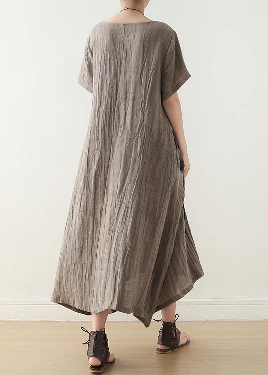 Art Khaki O-Neck Linen Summer Maxi Dresses - bagstylebliss