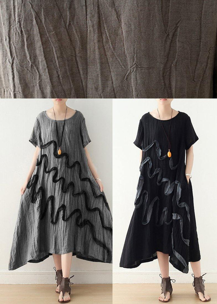 Art Khaki O-Neck Linen Summer Maxi Dresses - bagstylebliss
