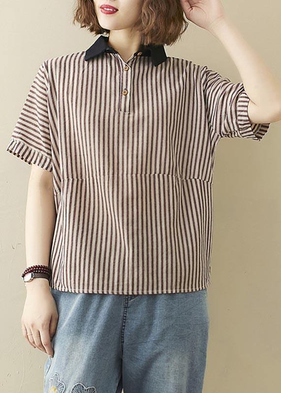 Art Khaki Striped Patchwork Linen Summer Top - bagstylebliss