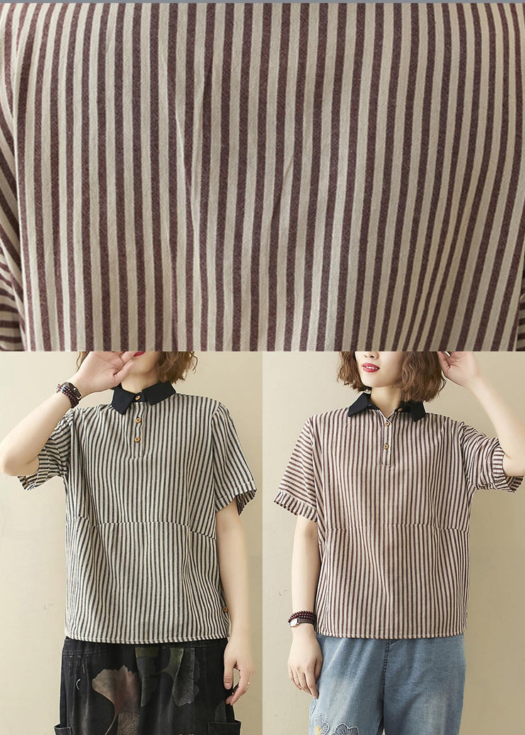 Art Khaki Striped Patchwork Linen Summer Top - bagstylebliss