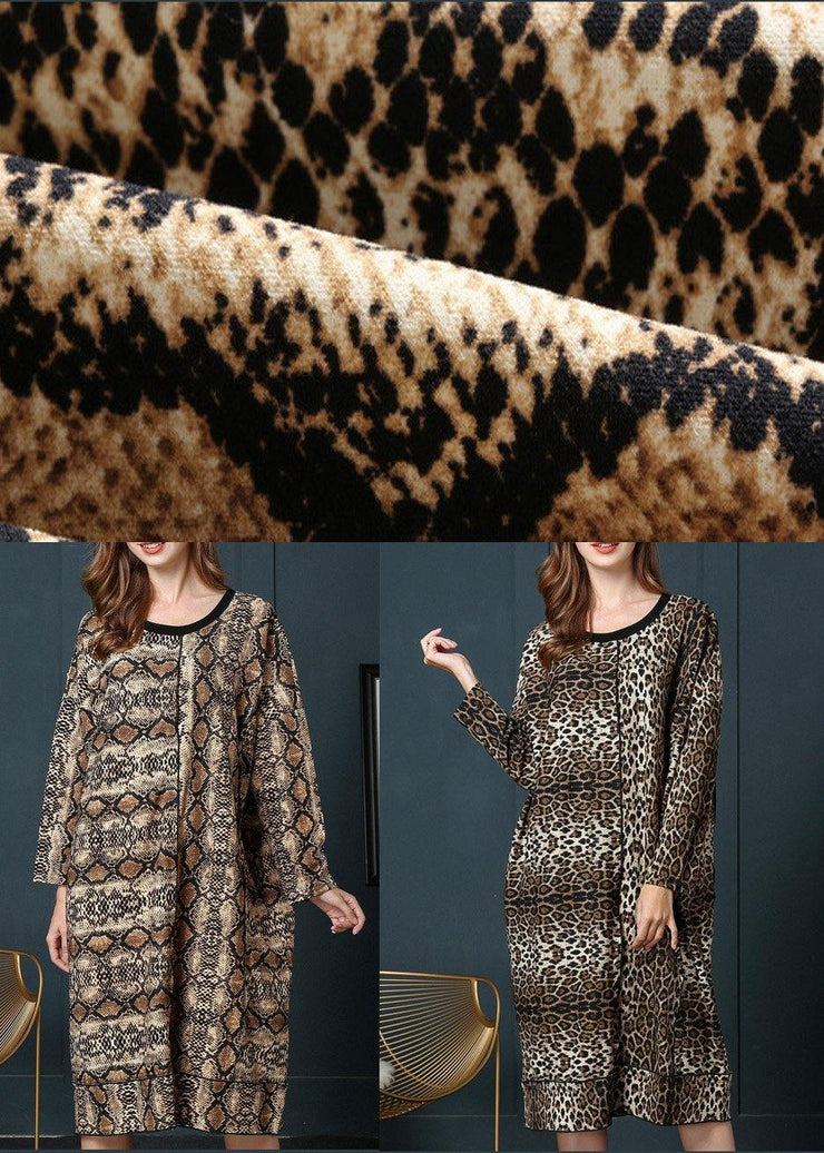 Art Leopard O-Neck Cotton Long sleeve Spring Long Dress - bagstylebliss