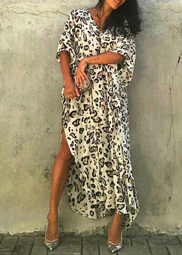 Art Leopard tie waist Cotton Dress  Summer Beach Gown - bagstylebliss