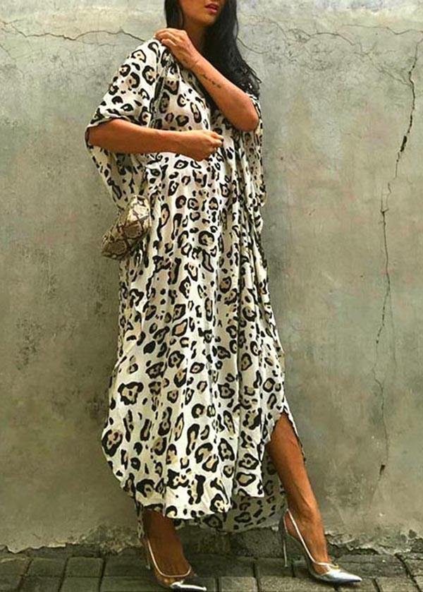 Art Leopard tie waist Cotton Dress  Summer Beach Gown - bagstylebliss