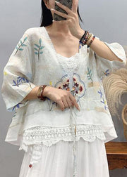 Art Light Blue Embroidered Patchwork Linen Shirt Top Short Sleeve