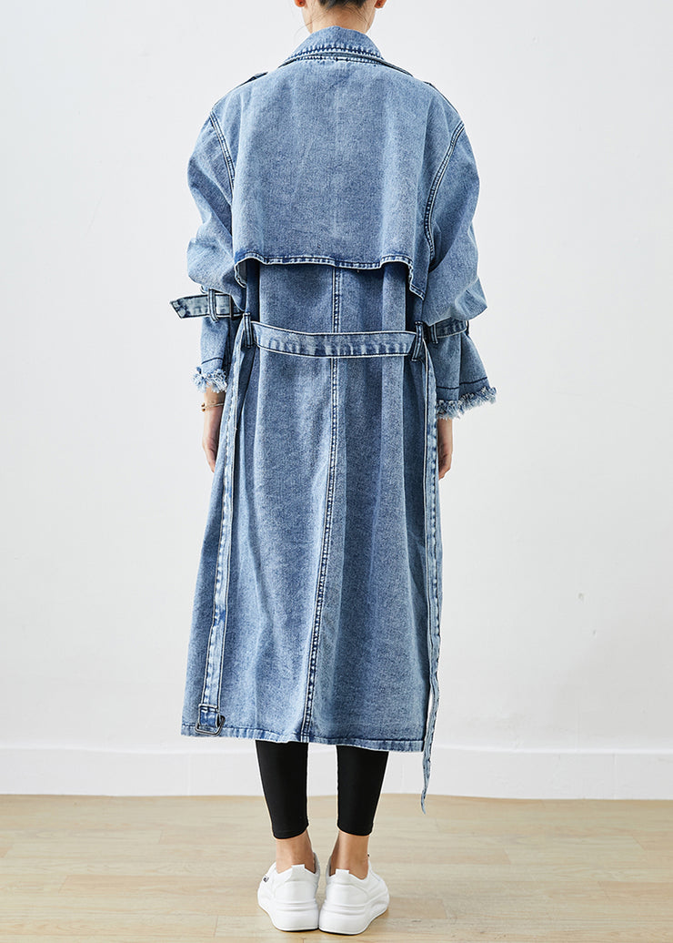 Art Light Blue Lapel Double Breast Denim Trench Coats Fall