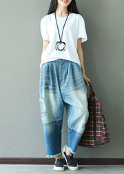 Art Light Blue Tasseled Pockets Patchwork Denim Pants Spring