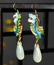 Art Light Green Jade Cloisonne Gem Stone Floral Drip Drop Earrings