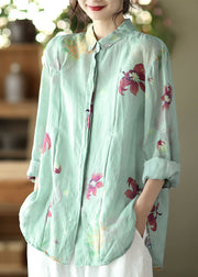 Art Light Green Peter Pan Collar Print Ramie Shirts Long Sleeve