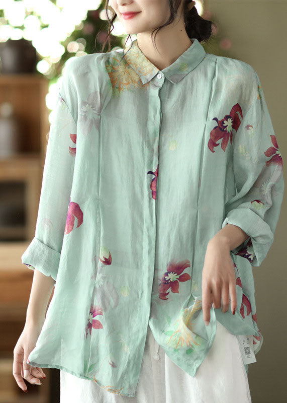 Art Light Green Peter Pan Collar Print Ramie Shirts Long Sleeve