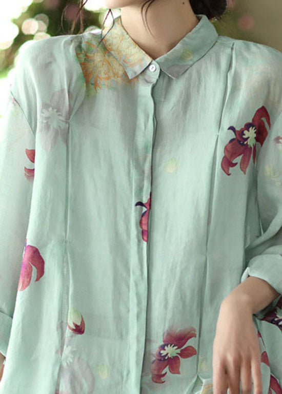 Art Light Green Peter Pan Collar Print Ramie Shirts Long Sleeve