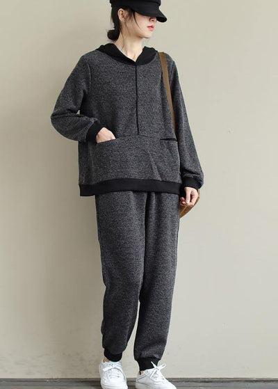 Art Loose Gray Color Matching Hooded Sweater And Elastic Pants Casual Suit - bagstylebliss