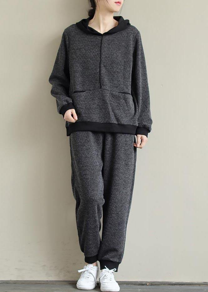 Art Loose Gray Color Matching Hooded Sweater And Elastic Pants Casual Suit - bagstylebliss
