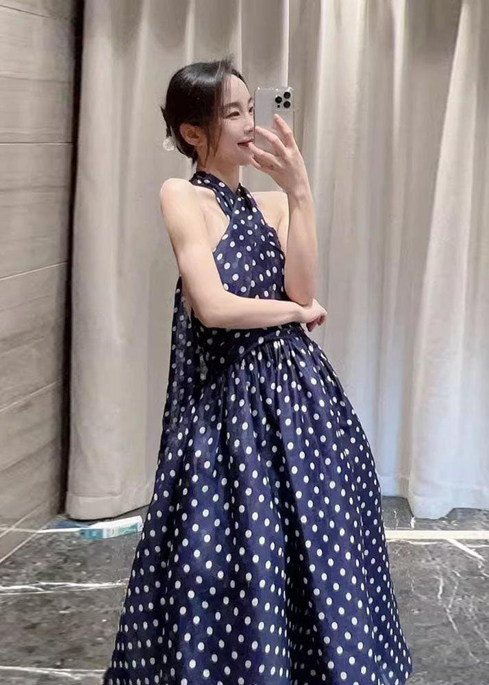 Art Navy Blue Dot Print A Line Dresses Summer