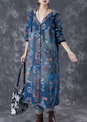 Art Navy Hooded Oversized Print Cotton Trench Coats Fall