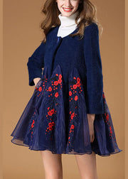 Art Navy retro Button Patchwork Floral Fall Woolen Coats