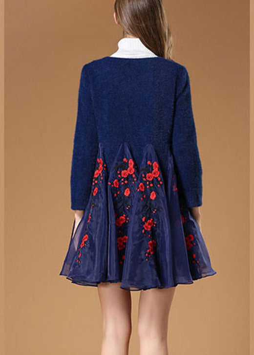 Art Navy retro Button Patchwork Floral Fall Woolen Coats