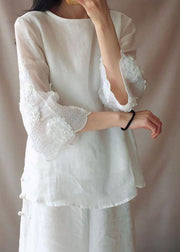 Art O Neck Petal Sleeve Tunics For Women Work White Shirts - bagstylebliss
