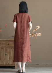 Art Orange Stand Collar Plaid Side Open Linen Cheongsam Dresses Short Sleeve