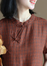 Art Orange Stehkragen Plaid Seite offen Leinen Cheongsam Kleider Kurzarm