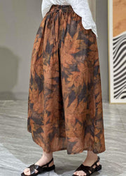 Art Orange Wrinkled Print Elastic Waist Patchwork Linen Skirt Summer