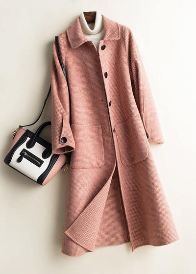 Art Peter pan Collar Button Down fine Woolen Coats Women pink plaid silhouette jackets - bagstylebliss