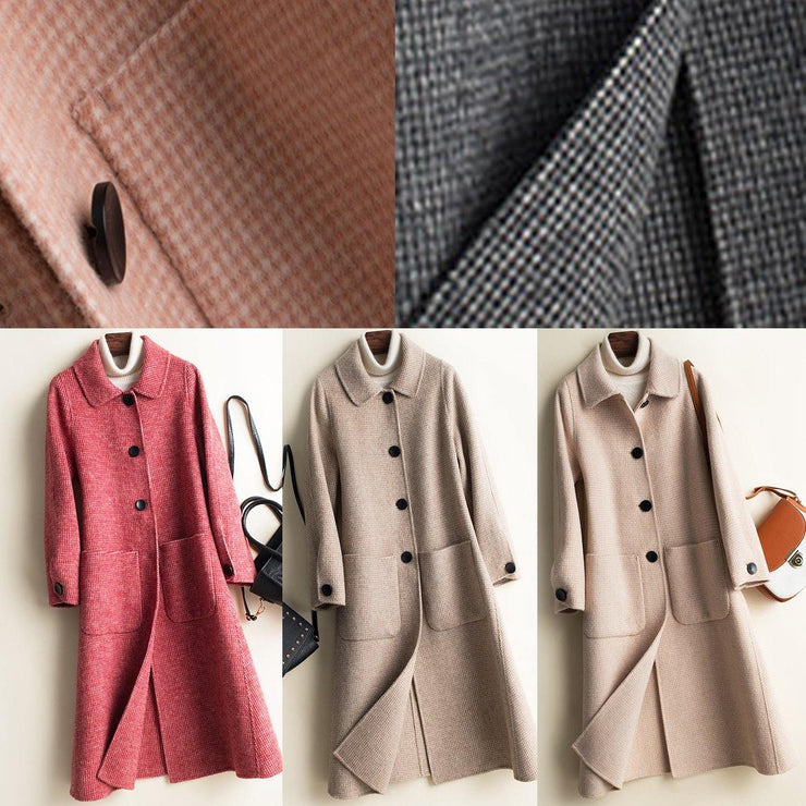 Art Peter pan Collar Button Down fine Woolen Coats Women pink plaid silhouette jackets - bagstylebliss
