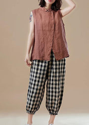 Art Peter pan Collar Sleeveless cotton tunic pattern plus size Sleeve brown Knee blouses Summer - bagstylebliss