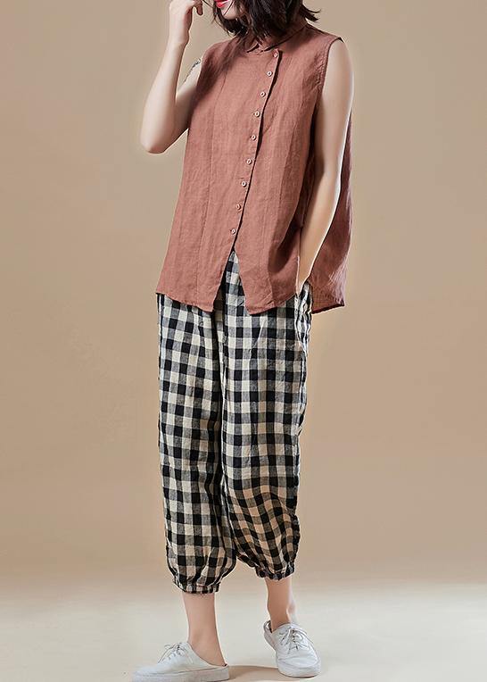 Art Peter pan Collar Sleeveless cotton tunic pattern plus size Sleeve brown Knee blouses Summer - bagstylebliss
