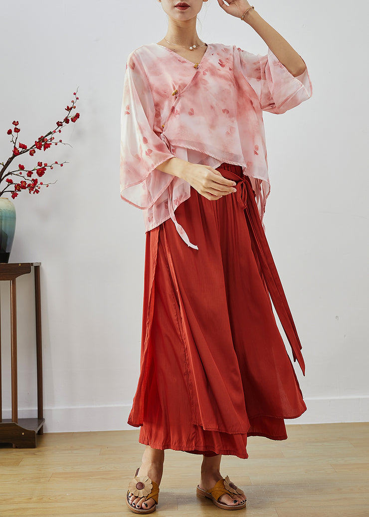 Art Pink Asymmetrical Print Chiffon Two Pieces Set Fall