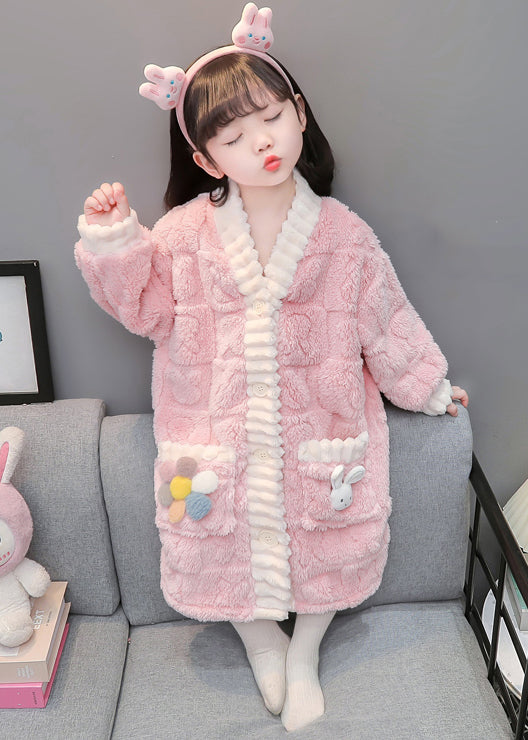 Art Pink Button Patchwork Fluffy Girls Pajamas Dress Long Sleeve