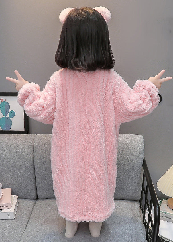Art Pink Button Patchwork Fluffy Girls Pajamas Dress Long Sleeve