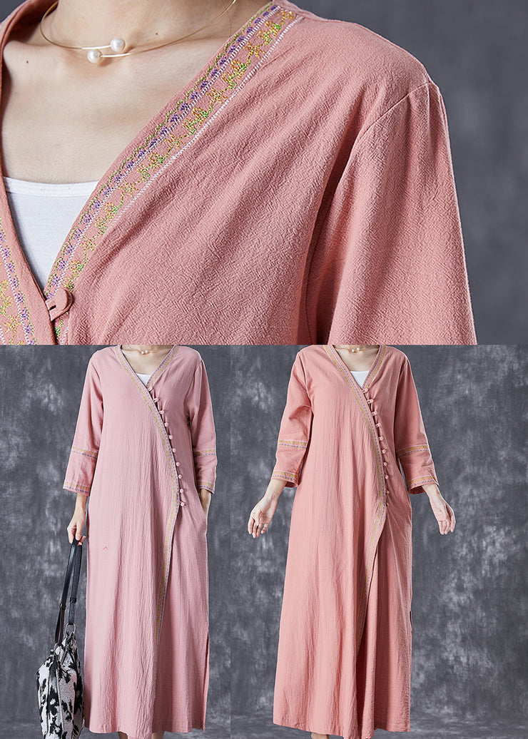 Art Pink Embroidered Button Linen Dresses Fall