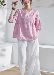 Art Pink O-Neck Embroideried Patchwork Summer Ramie Shirt Top Half Sleeve - bagstylebliss