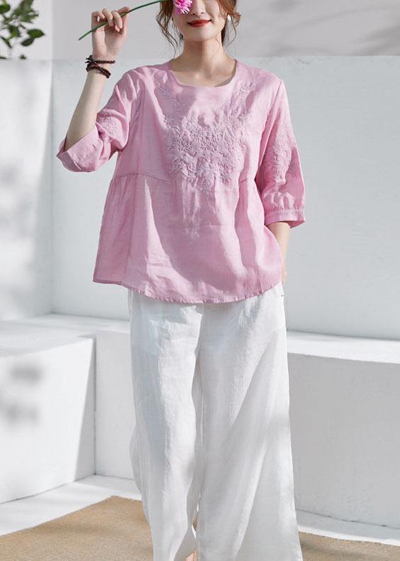 Art Pink O-Neck Embroideried Patchwork Summer Ramie Shirt Top Half Sleeve - bagstylebliss