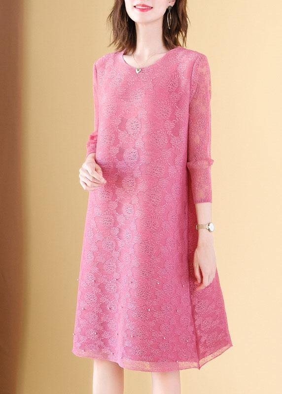 Art Pink O-Neck Long sleeve Maxi Summer Lace Dress - bagstylebliss