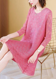 Art Pink O-Neck Long sleeve Maxi Summer Lace Dress - bagstylebliss