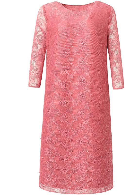 Art Pink O-Neck Long sleeve Maxi Summer Lace Dress - bagstylebliss