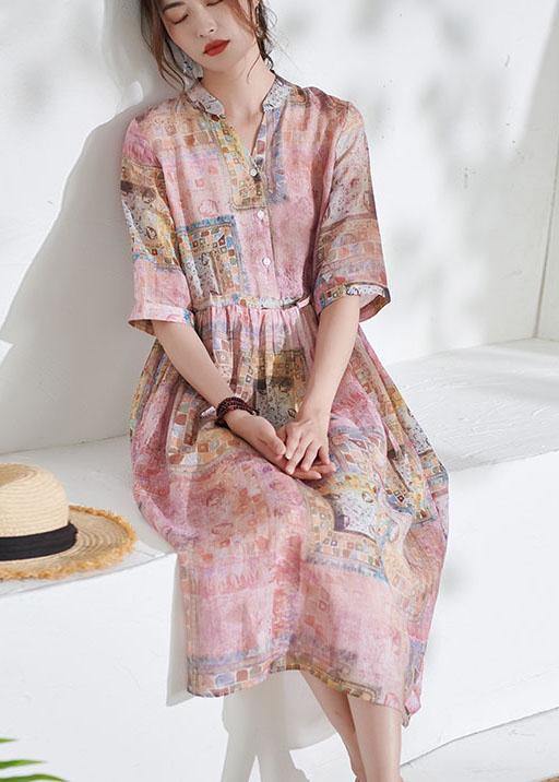 Art Pink Tie Waist Button Print Summer Ramie Vacation Dresses Half Sleeve - bagstylebliss