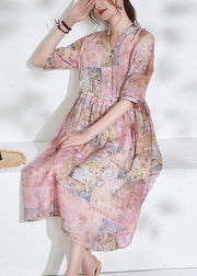 Art Pink Tie Waist Button Print Summer Ramie Vacation Dresses Half Sleeve - bagstylebliss