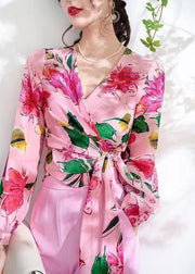 Art Pink V Neck Print Tie Waist Silk Shirts Long Sleeve