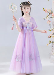 Art Purple Embroidered Tie Waist Tulle Kids Long Dresses Summer