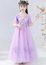 Art Purple Embroidered Tie Waist Tulle Kids Long Dresses Summer