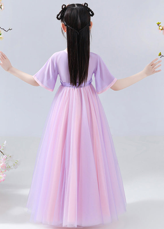 Art Purple Embroidered Tie Waist Tulle Kids Long Dresses Summer