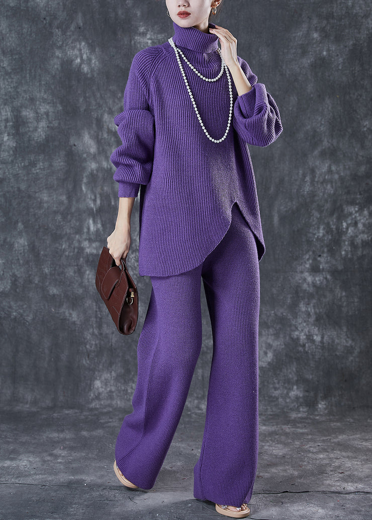 Art Purple High Neck Side Open Cozy Knit Two Pieces Set Winter