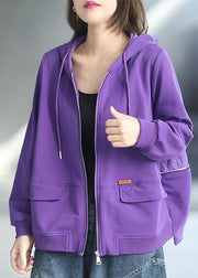 Art Purple Loose Zippered Pockets Fall Long Sleeve Hooded Coat - bagstylebliss