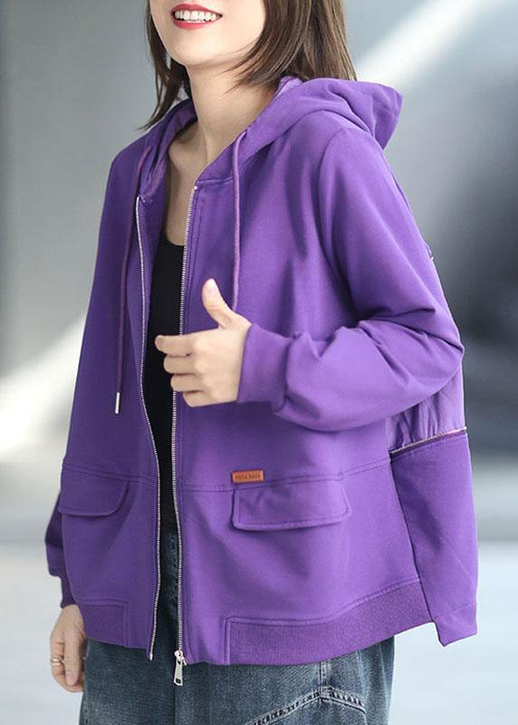 Art Purple Loose Zippered Pockets Fall Long Sleeve Hooded Coat - bagstylebliss