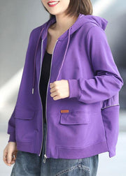 Art Purple Loose Zippered Pockets Fall Long Sleeve Hooded Coat - bagstylebliss