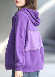 Art Purple Loose Zippered Pockets Fall Long Sleeve Hooded Coat - bagstylebliss